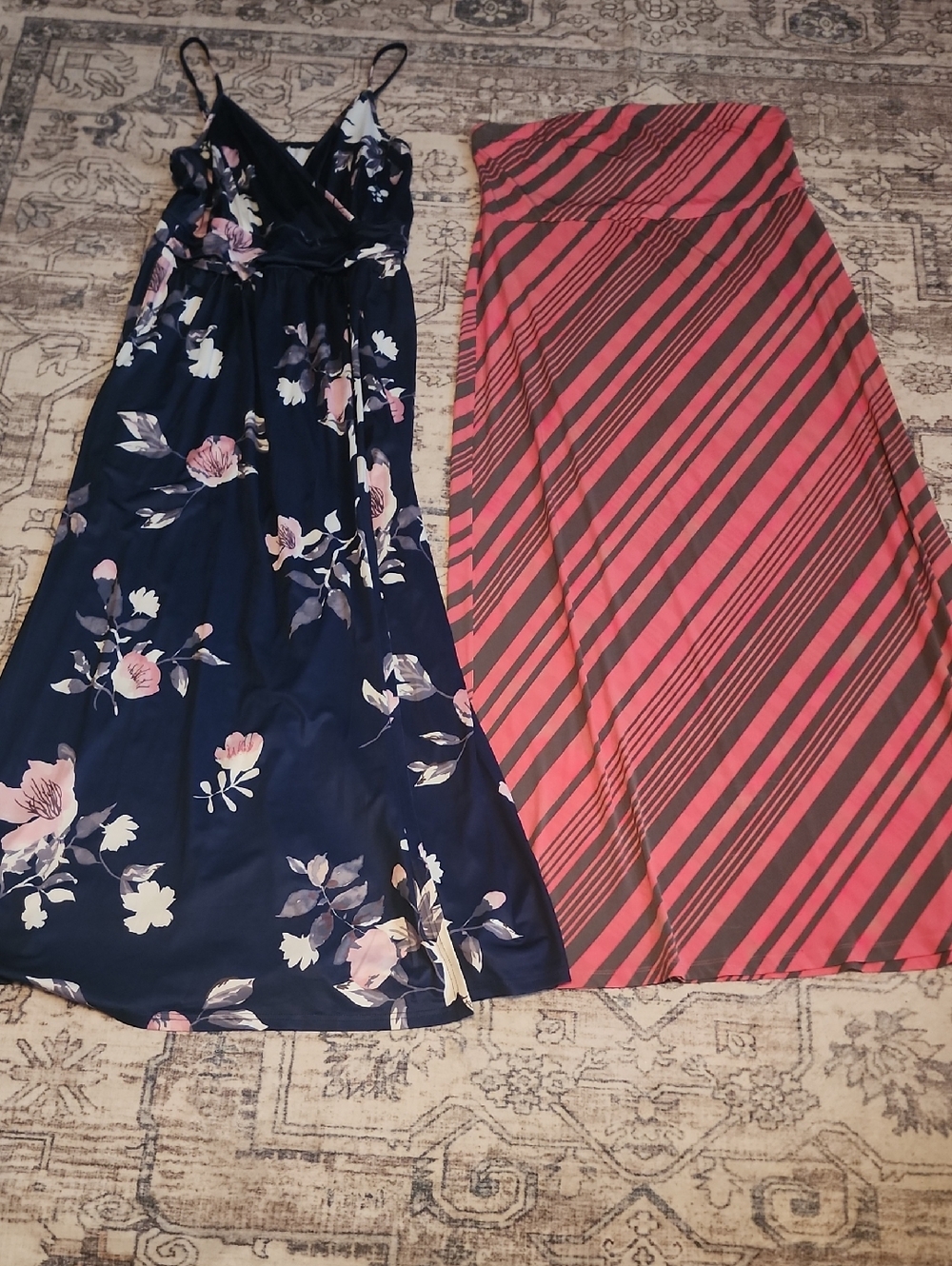 Womens XL Navy Floral Maxi Dress & Pink Stripe Maxi Dress. Both Worn Once